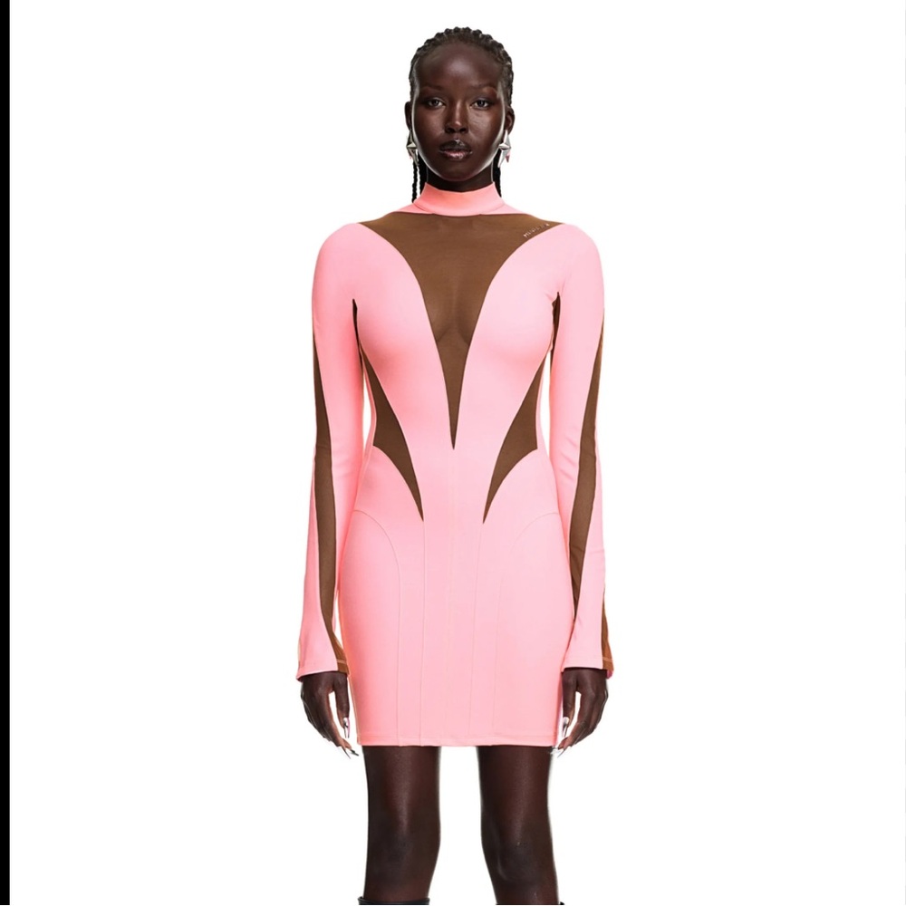 Mugler Pink and Brown Sculpted Long-Sleeve Mini Dress